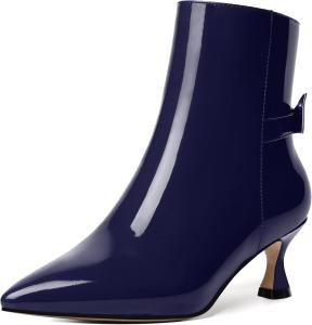 Женские лакированные свадебные туфли MODENCOCO с бантом, молнией, заостренным носком, каблук-купидон, высокие ботильоны 5 см, Navy Blue