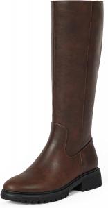 Женские сапоги до колена с круглым носком, модные высокие сапоги для верховой езды, массивная платформа, длинные плоские сапоги с боковой молнией, низкий каблук, ботинки на осень VIUGJNEX, Brown Pu