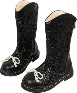 Детские блестящие сапоги до середины голени с перламутровым бантом, из PU-кожи, водонепроницаемые, боевые, модные блестящие сапоги с задней молнией Generic, Black