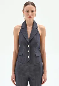 Платье в тонкую полоску с открытой спиной и воротником-стойкой без рукавов Rinascimento, Var Blue