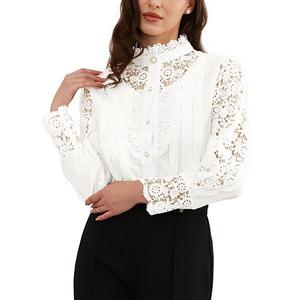 Блуза женская с кружевной отделкой и воротником стойкой в викторианском стиле Inspire Chic, White