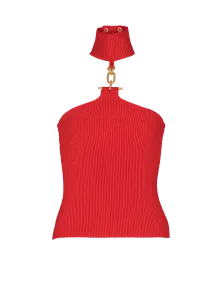 Вязаный топ без рукавов с отделкой декором Balmain, красный