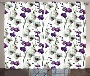 Штора ABAKUHAUS "Деревенский цветок", "Цветок дикой орхидеи", универсальная тесьма для гостиной с петлями и крючками, 280 x 245 см, цвет: белый, фиолетовый Abakuhaus