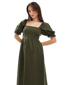 Платье миди «молочница» New Look цвета хаки с рукавами-фонариками