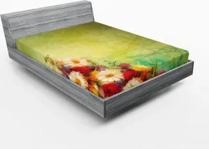 Простыня на резинке ABAKUHAUS с цветочным принтом, романтический букет роз, ромашек и принт в стиле гранж, пасторальный пейзаж с природой, 150 x 190 см, цвет: желтый, белый Abakuhaus