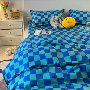 YIZUFU Комплект постельного белья из полиэстера зеленый белый клетчатый Blue-green