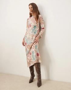 Длинное платье Miss Selfridge с длинными рукавами и разноцветным принтом