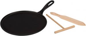 Чугунная сковорода для блинов Le Creuset, в комплекте с деревянной лопаткой, диаметр 27 см, круглая, подходит для всех типов плит, включая индукционные, черная