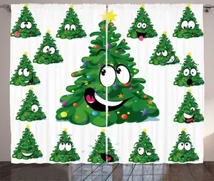 Рождественская штора ABAKUHAUS в деревенском стиле, с забавным рождественским мультяшным рисунком, универсальная ленточная штора для гостиной с петлями и крючками, 280 x 175 см, цвет: зеленый, белый, желтый Abakuhaus