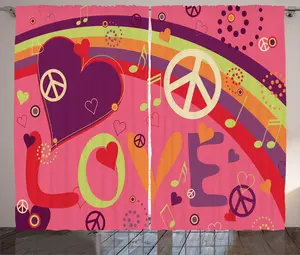 Штора в деревенском стиле ABAKUHAUS 1970, Любовь, мир и сердца на розовом, универсальная тесьма для гостиной с петлями и крючками, 280 x 225 см, разноцветная Abakuhaus
