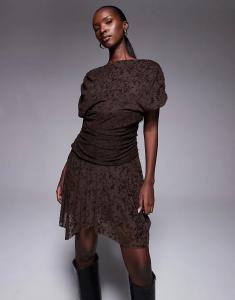Мини-платье шоколадного цвета с короткими рукавами и драпировкой ASOS DESIGN