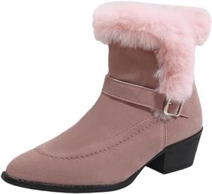 Женские модные короткие ботинки с толстым каблуком, заостренным носком, боковой молнией и декоративной пряжкой, подходят для осенних и зимних образов. SPKFHD, Pink