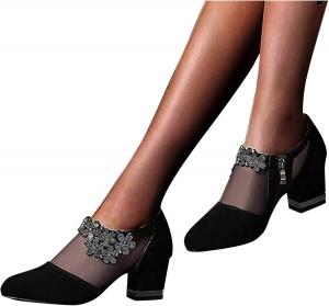 Owill-home Ботильоны для женщин, черные, с прозрачным кружевом, цветочные стразы, замшевые, с вырезами, с заостренным носком, на каблуке-блоке, с боковой молнией, сзади балетные туфли, для свадьбы (черные, 7,5)