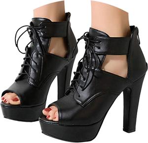 Женские летние ботильоны с открытым носком, вырезами и высокой платформой на каблуке, с шнуровкой, открытым носком, молнией сзади и вырезами, сандалии Generic, Black