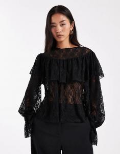 Прозрачная кружевная блузка Vero Moda с оборками и рукавами-поэтами черного цвета