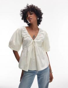 Топ Topshop из поплина с рукавами-буфами белого цвета