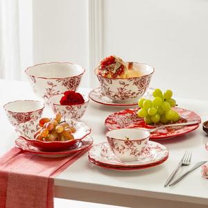 Modengzhufu Набор керамической посуды Rose Holiday для дома, свадебный подарок, новоселье, набор тарелок и чаш для новобрачных, в подарочной коробке, чаша 11.5 см с винтажным цветочным узором, 1 шт