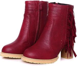 Женские ботильоны VOKLIN с круглым носком, бахромой, массивным каблуком на платформе, молнией, вестерн-стиле с кисточками, короткие платьевые ботинки, Red-Velvet Lined