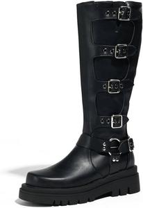 Женские ботильоны до колена с квадратным носком, широкие по икре, байкерские с платформой, металлические, готические, с массивным каблуком, пряжкой и заклепками Generic, Black