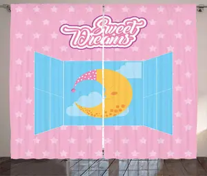 Штора ABAKUHAUS Sweet Dreams в деревенском стиле, окно Луна и небо, универсальная ленточная штора для гостиной с петлями и крючками, 280 x 225 см, светло-голубой, желтый и розовый Abakuhaus
