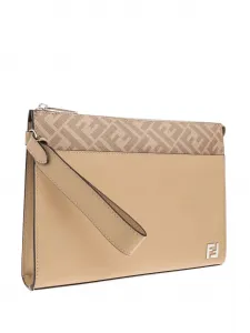 Клатч из кожи с аппликацией FF Fendi, бежевый