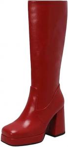 Женские высокие ботинки до колена с устойчивым каблуком и платформой, длинные ботильоны, простой стиль, подходят для большого размера Generic, Red