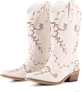 Женские ковбойские сапоги LingxiaUne, ковбойские сапоги средней высоты идеально подходят для танцев, музыкальных фестивалей и свадеб, White