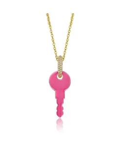 Ожерелье с подвеской-ключом из 14-каратного золота с розовой эмалью и прозрачным кубическим цирконием Gigigirl, pink