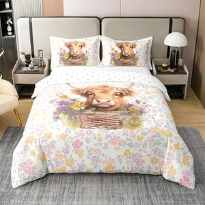 Erosebridal Комплект постельного белья Highland Cow из 100% хлопка с водяными рисунками коров в цветочном стиле для детей, Purple Yellow