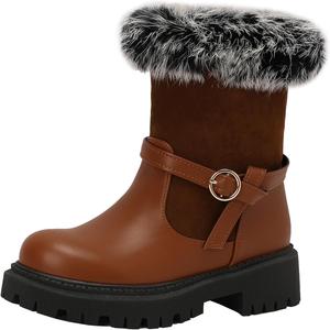 Элегантные женские зимние короткие ботинки на плоской подошве с круглым носком и без шнуровки XIEPP, Brown