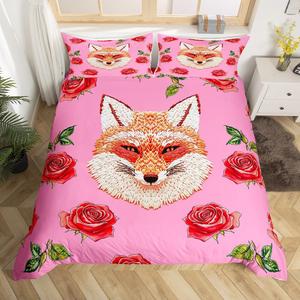 Erosebridal Розовый комплект постельного белья с мультяшными лисами и цветочным принтом для взрослых и подростков, Red Pink White