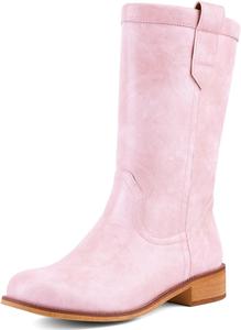 Сапоги до середины икры для женщин, на подъем, осенние ездовые сапоги, с круглым носком, удобные, с низким массивным каблуком, повседневные платьевые сапоги JilTrdWei, Pink