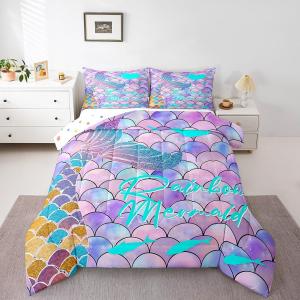 Erosebridal Комплект постельного белья Mermaid Tail с сине-фиолетовой чешуей в морском стиле, Purple Teal