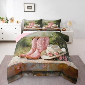 Erosebridal Комплект постельного белья Cowgirl Boot Hat в западном стиле с цветочным принтом, Pink White Green