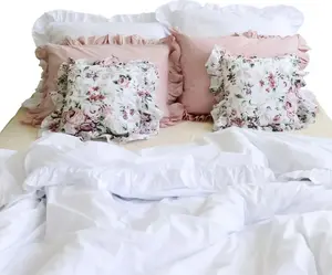 Комплект постельного белья из хлопка с оборками, пододеяльник для спальни 160x200 см + 6 наволочек, белый с грязно-розовым цветочным узором EDANTI