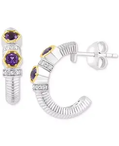 Маленькие серьги-кольца Effy с небесно-голубым топазом (1/2 карата) и белым сапфиром (1/5 карата) из стерлингового серебра и 18-каратного золота, 0,62 дюйма (доступны с цитрином и аметистом) Effy Collection, amethyst