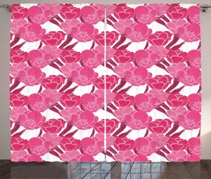 Штора ABAKUHAUS Тюльпан в деревенском стиле, розовые весенние цветы, присборенная тесьма для спальни с петлями и крючками, 280 x 225 см, каштаново-коричневый, белый и розовый Abakuhaus