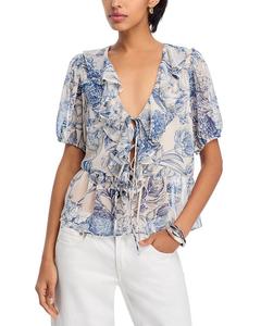 Цветочный топ с рюшами и короткими рукавами - эксклюзив AQUA, мультиколор