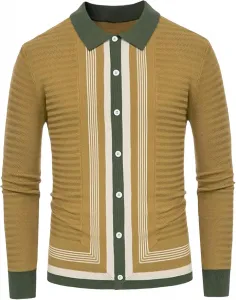 Мужской полосатый кардиган с лацканами и пуговицами