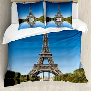 Пододеяльник ABAKUHAUS Paris, с изображением Эйфелевой башни, с защитой от клещей, подходит для аллергиков, с наволочками, 155 x 220 см - 80 x 80 см, зеленый, серый, синий