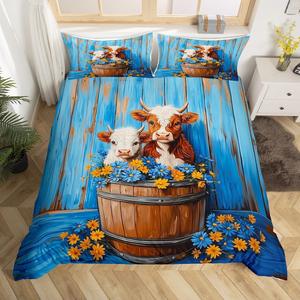 Erosebridal Комплект постельного белья Highland Cow King с принтом в стиле вестерн и цветочными мотивами, Brown and Blue