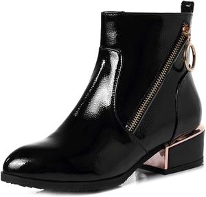 Женские модные ботильоны VOKLIN с круглым носком, из металлической кожи, на среднем каблуке, с молнией, ботинки Челси, Black