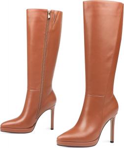 Женские сапоги COLETER до колена с острым носком на шпильке, боковой молнией, длинные сапоги, осенние, сексуальные, для свадебного платья, Brown
