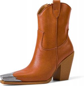 Женские ковбойские ботинки до щиколотки с гравировкой, стальная носка, ковбойские сапоги с каблуком-стойкой, короткие ковбойские ботинки, модные нарядные западные сапожки HoanTiai, Orange