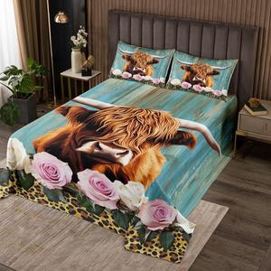 Erosebridal Комплект постельного белья Highland Cow с 3D принтом в тематике фермы, микрофибра, цветочный узор с розами, Brown Teal