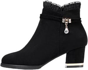 Модные женские массивные короткие ботинки на осень и зиму. Плотные и теплые. С кружевной отделкой. Стильные и универсальные для любого случая. FmShi, Black-Thicken