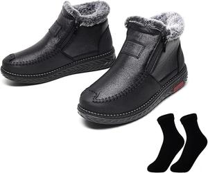 Женские зимние водонепроницаемые нескользящие ботинки DESESE с высокой плюшевой подкладкой, ботинки на голенище с мехом, мамские кожаные ботинки с молнией, Black