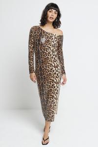Платье миди на одно плечо с леопардовым принтом River Island, коричневый