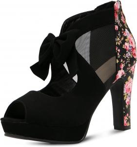 Женские босоножки на платформе и высоком каблуке GATUXUS с открытым носком и бантиками, Black Flower