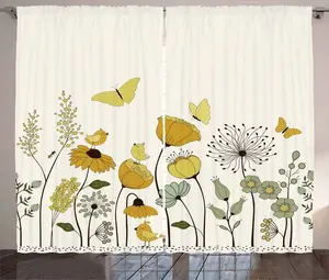 Штора ABAKUHAUS Spring Rustic, с изображением крылатых бабочек в горошек, присборенная тесьма для спальни с петлями и крючками, 280 x 245 см, цвет: земляной желтый, светло-зеленый Abakuhaus